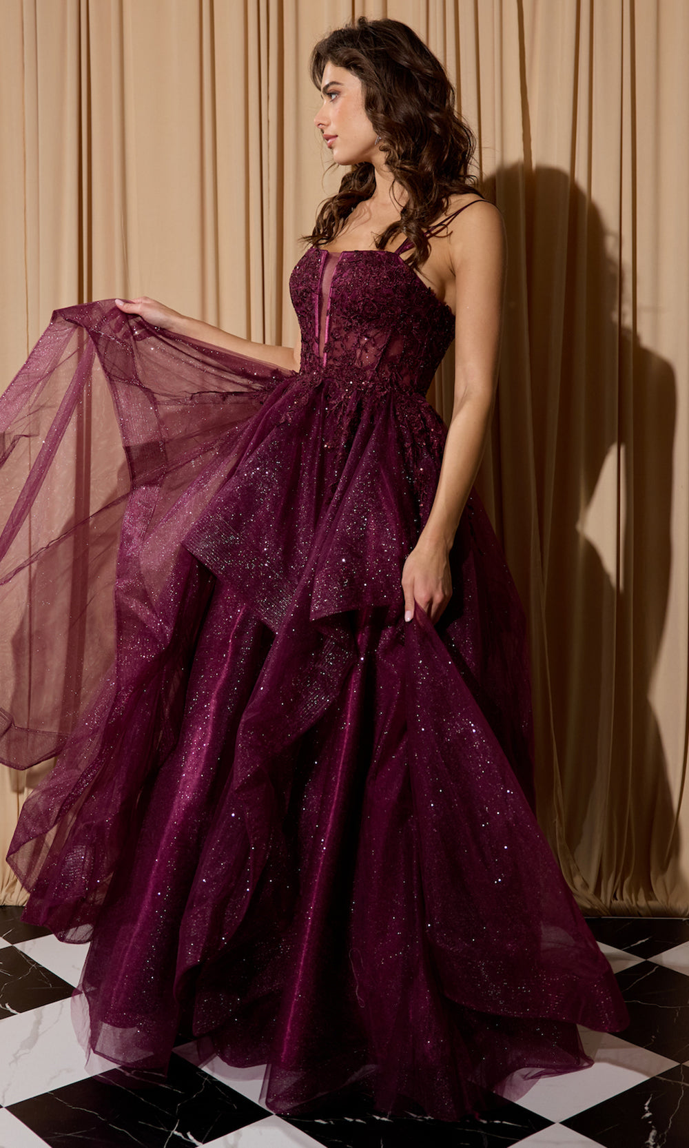Eureka Fashion EK157 - Floral Applique Sleeveless Layered Gown Ball Gowns in Berry  