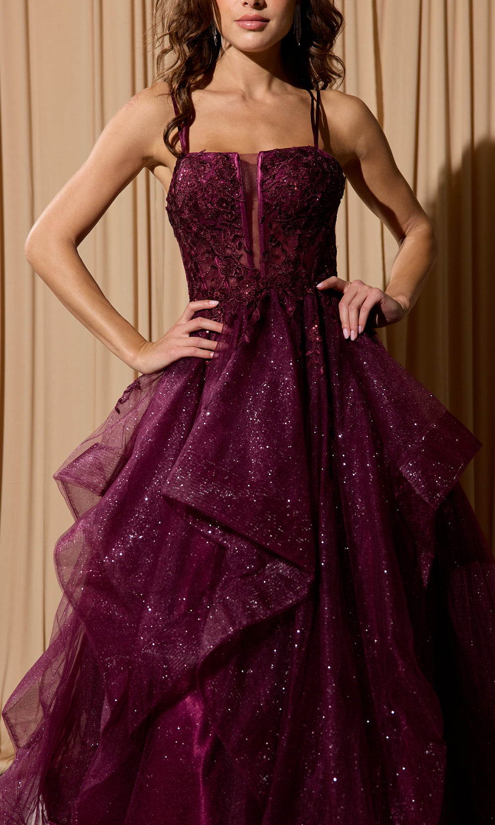 Eureka Fashion EK157 - Floral Applique Sleeveless Layered Gown Ball Gowns in Berry  