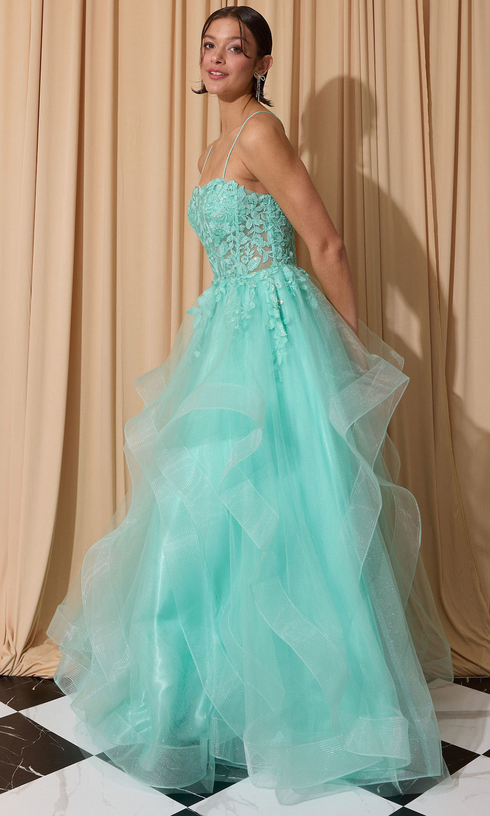 Eureka Fashion EK167 - Ruffle Skirt Sleeveless Embroidered Gown Ball Gowns in Green  