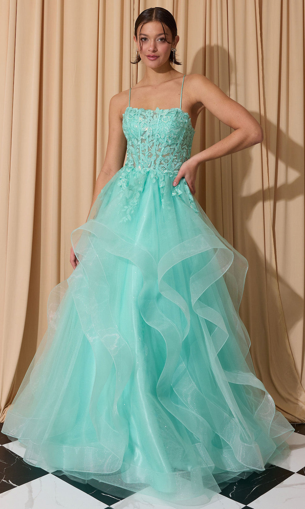 Eureka Fashion EK167 - Ruffle Skirt Sleeveless Embroidered Gown Ball Gowns in Green  