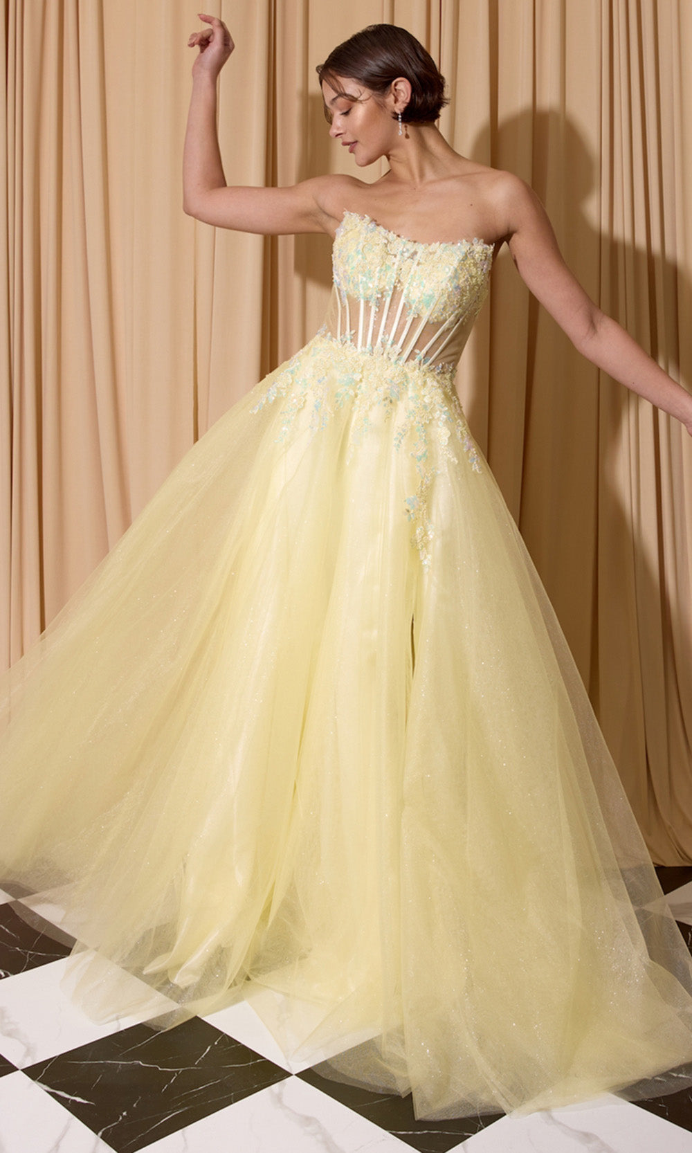 Eureka Fashion EK208 - Scoop Neck Embellished High Slit Gown Formal Gowns in Yellow  