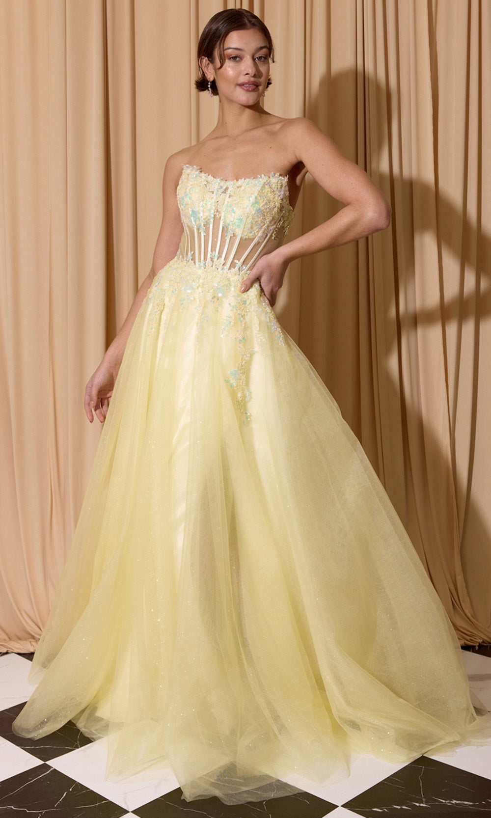 Eureka Fashion EK208 - Scoop Neck Embellished High Slit Gown Formal Gowns in Yellow  