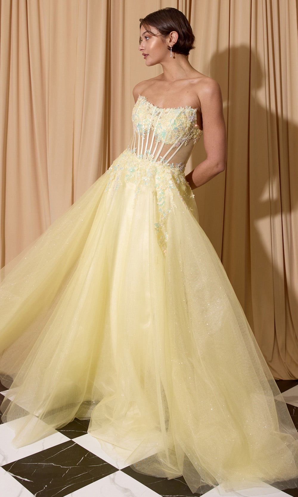 Eureka Fashion EK208 - Scoop Neck Embellished High Slit Gown Formal Gowns in Yellow  