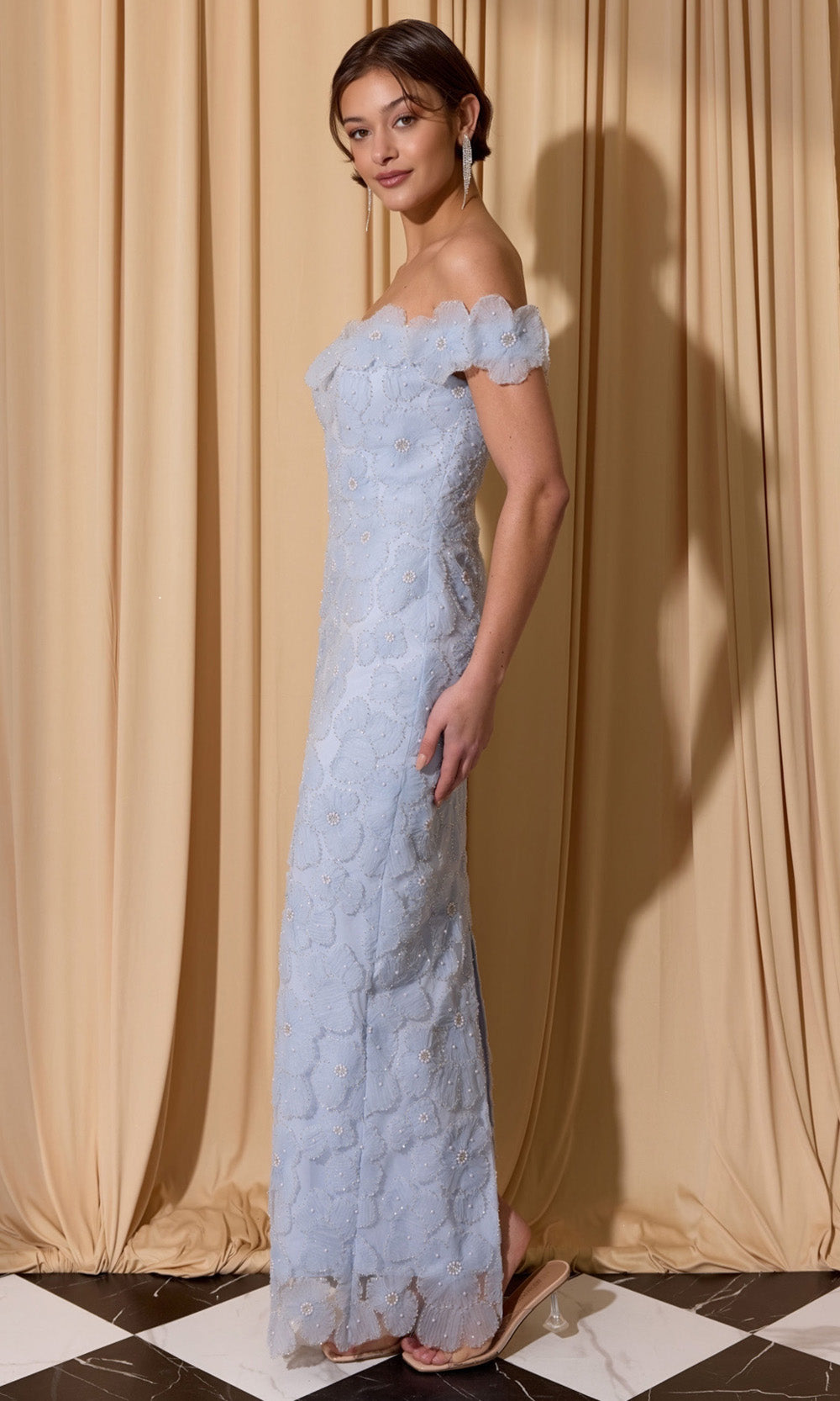 Eureka Fashion EK205 - Floral Embellished Long Column Dress Prom Dresses in Blue  