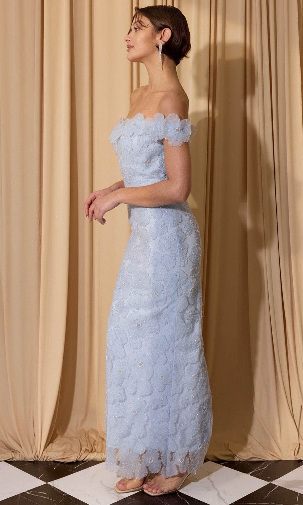Eureka Fashion EK205 - Floral Embellished Long Column Dress Prom Dresses in Blue  