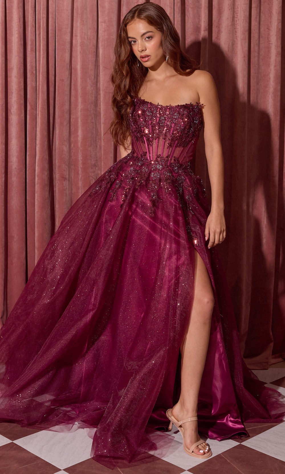 Eureka Fashion EK208 - Scoop Neck Embellished High Slit Gown Formal Gowns in Red  