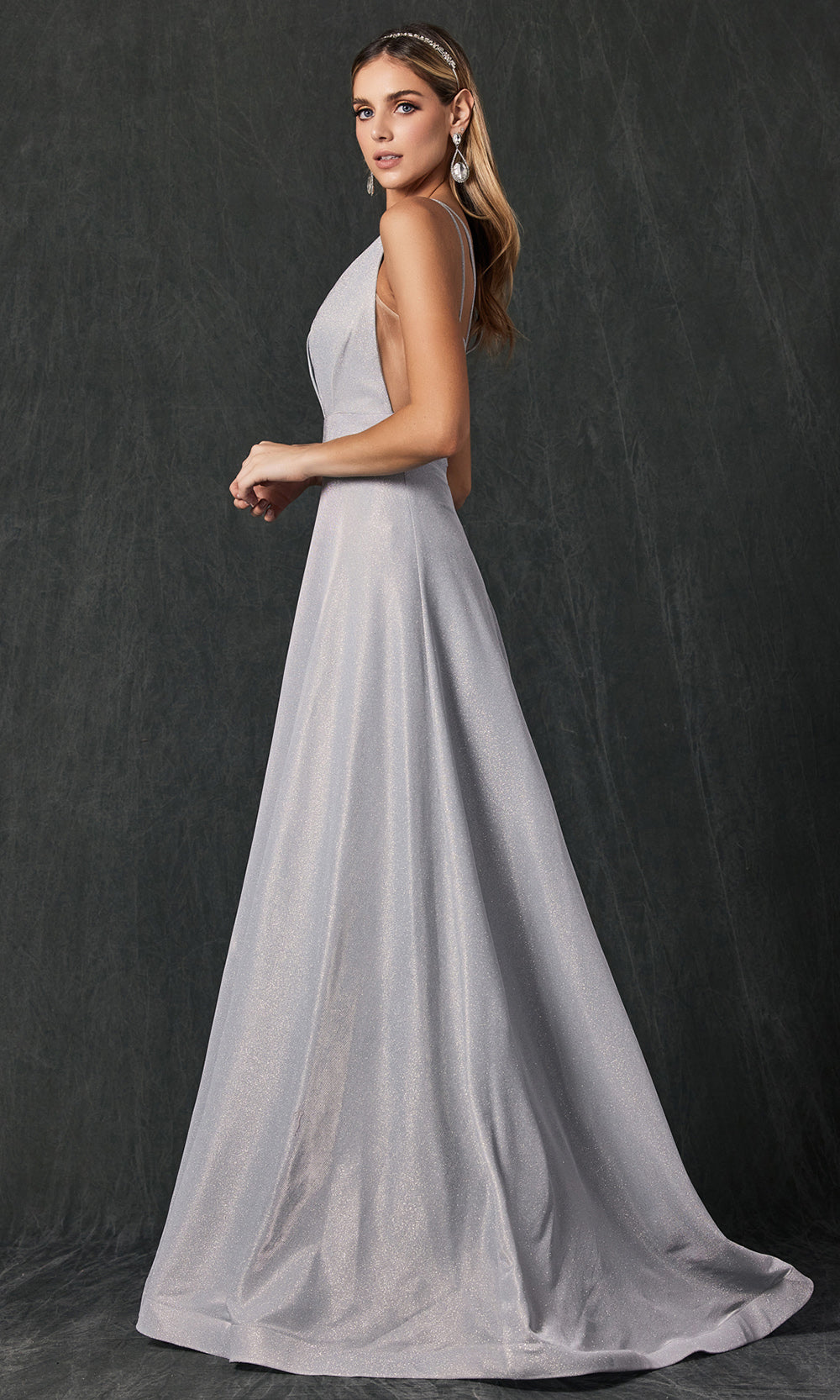 Juliet Dresses 208 - Glitter Crepe Plunging V-Neck Gown Formal Gowns