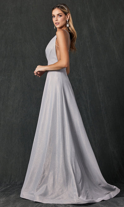 Juliet Dresses 208 - Glitter Crepe Plunging V-Neck Gown Formal Gowns