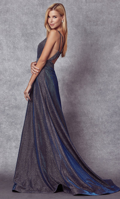 Juliet Dresses 208 - Glitter Crepe Plunging V-Neck Gown Formal Gowns