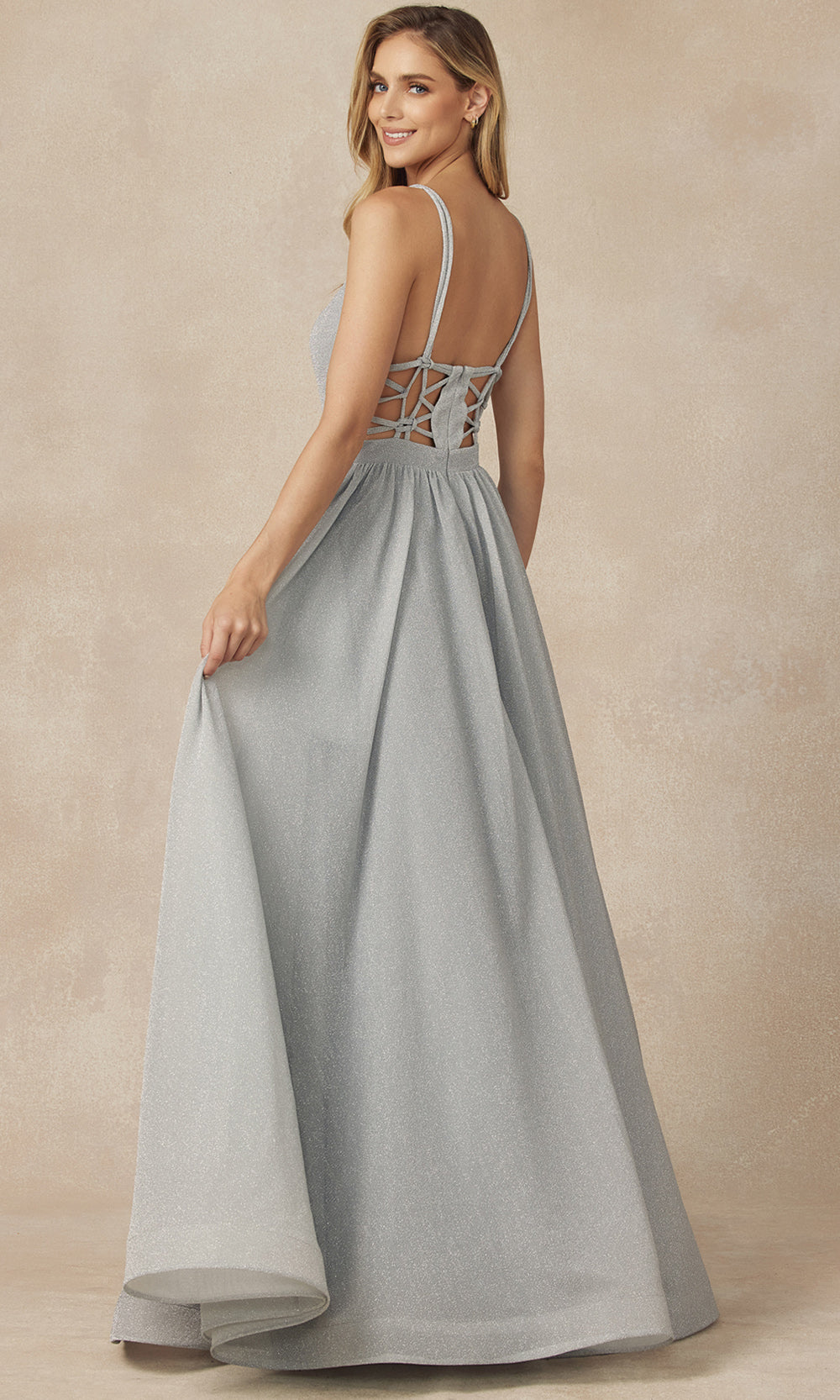 Juliet Dresses 201 - Strappy Back Glitter Gown with Pockets Prom Dresses
