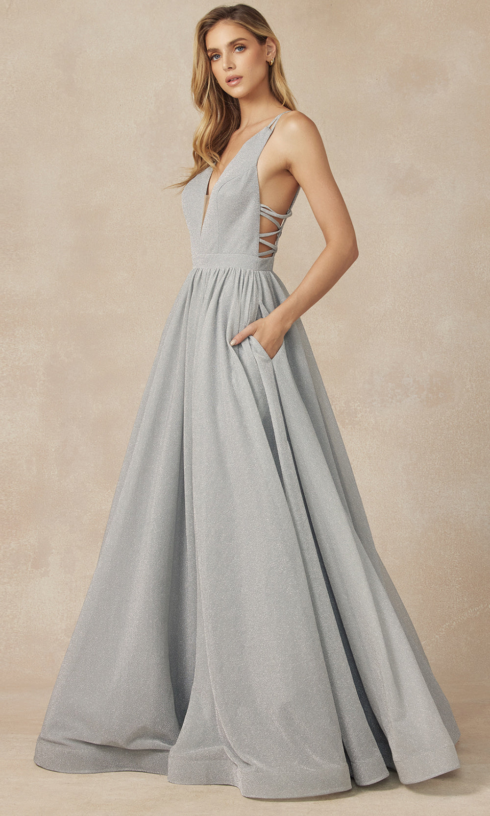 Juliet Dresses 201 - Strappy Back Glitter Gown with Pockets Prom Dresses
