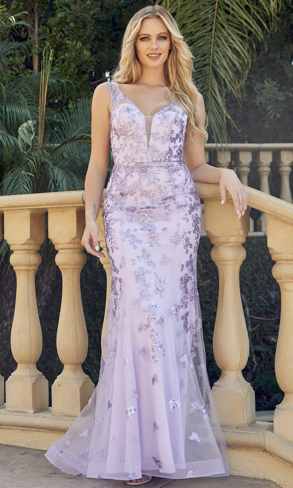 Juliet Dresses 294 - V-Neckline Embellished Fitted Gown Prom Dresses