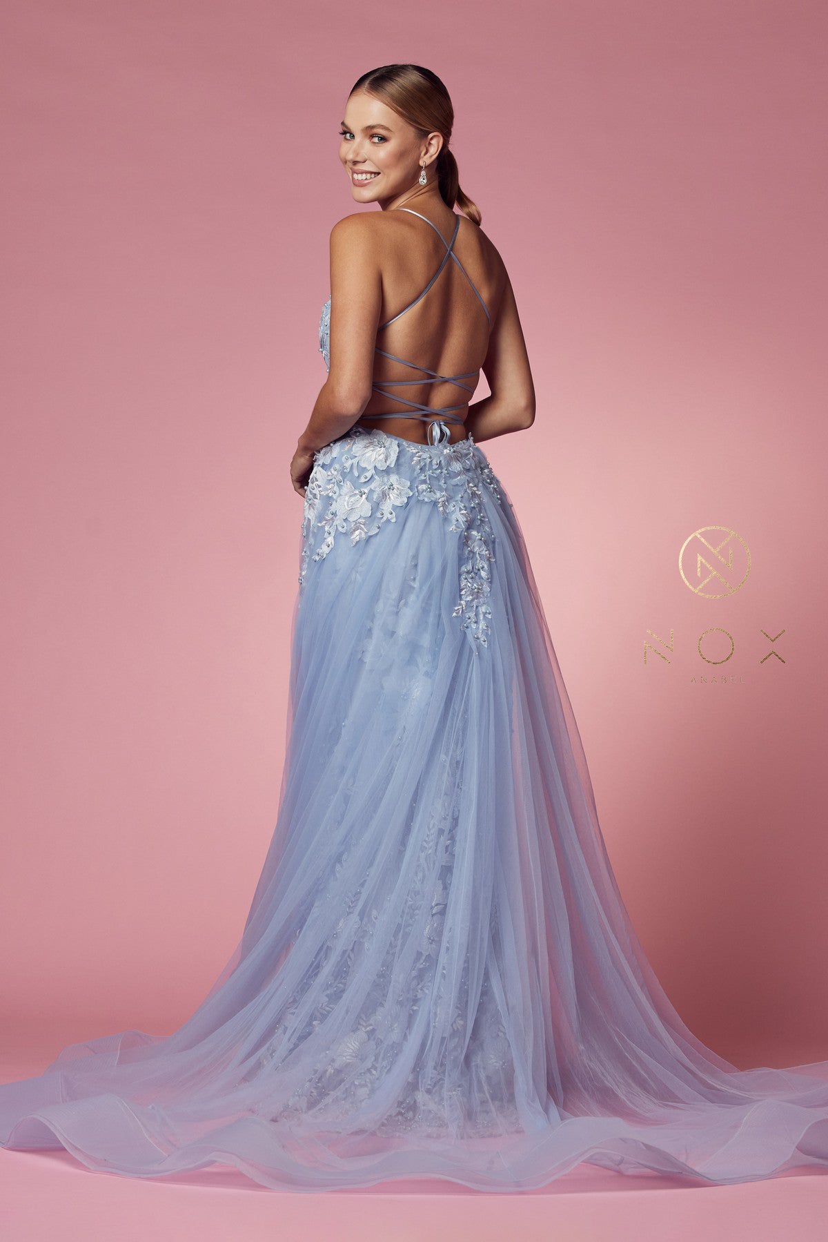 Nox Anabel - F485 V-Neck Chiffon Overskirt Evening Dress