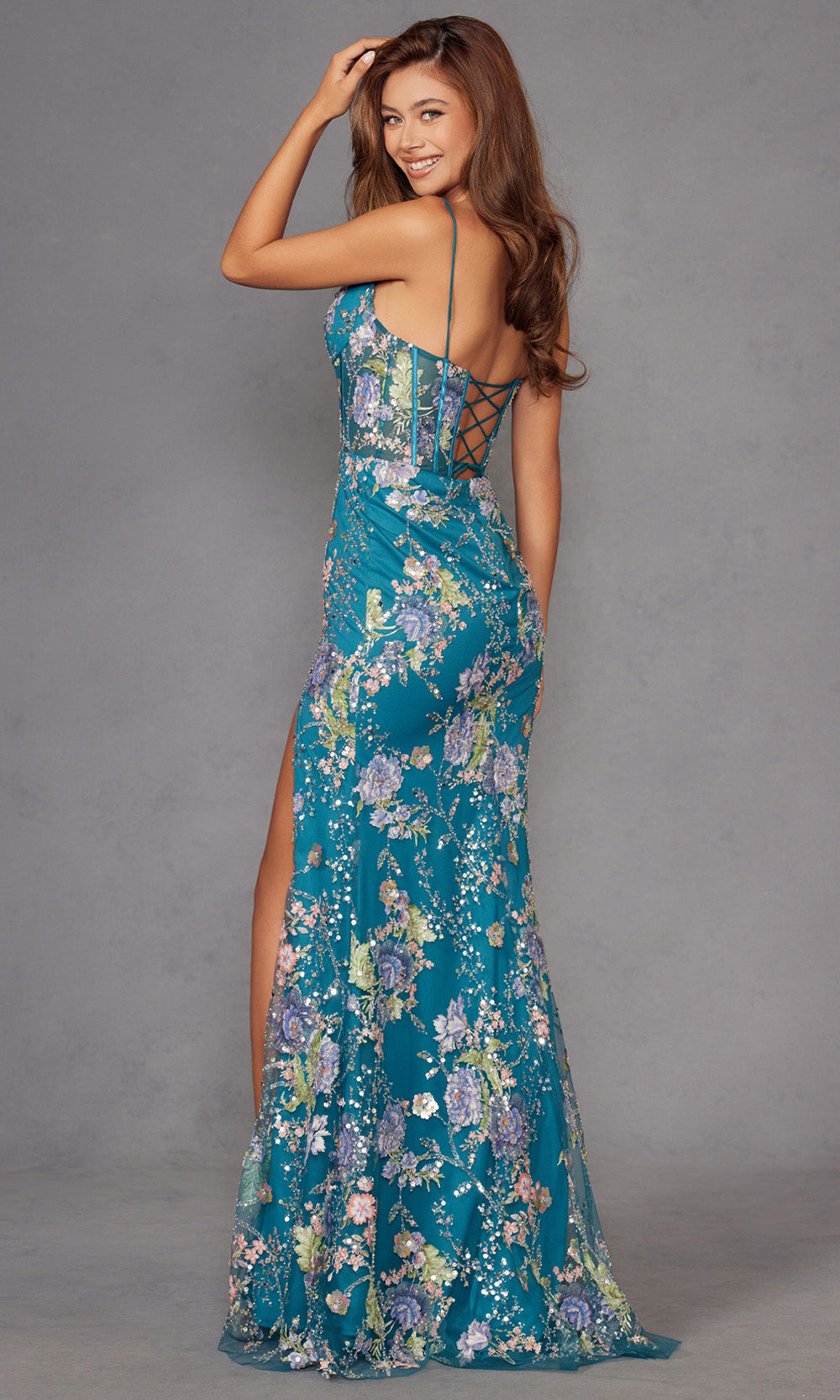 Juliet Dresses JT2505A - Lace-Up Back Floral Applique Gown Prom Dresses