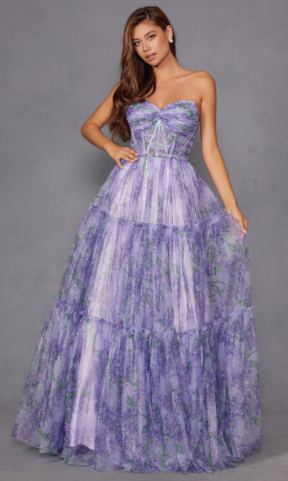 Juliet Dresses JT2507A - Floral Tiered A-Line Evening Gown Prom Dresses