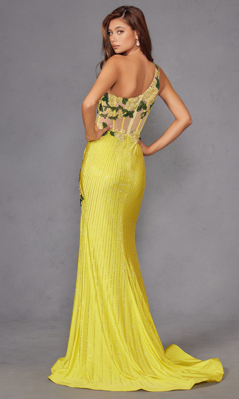 Juliet Dresses JT2514R - Glamorous High Slit Floral Beaded Gown Prom Dresses