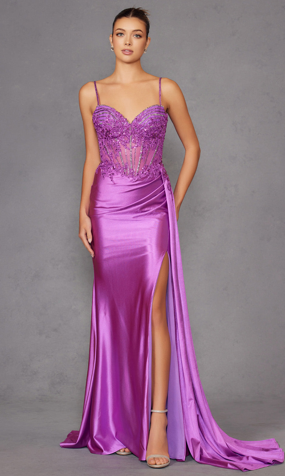 Juliet Dresses JT2535K - Embellished Sheer Corset Gown with Slit Prom Dresses
