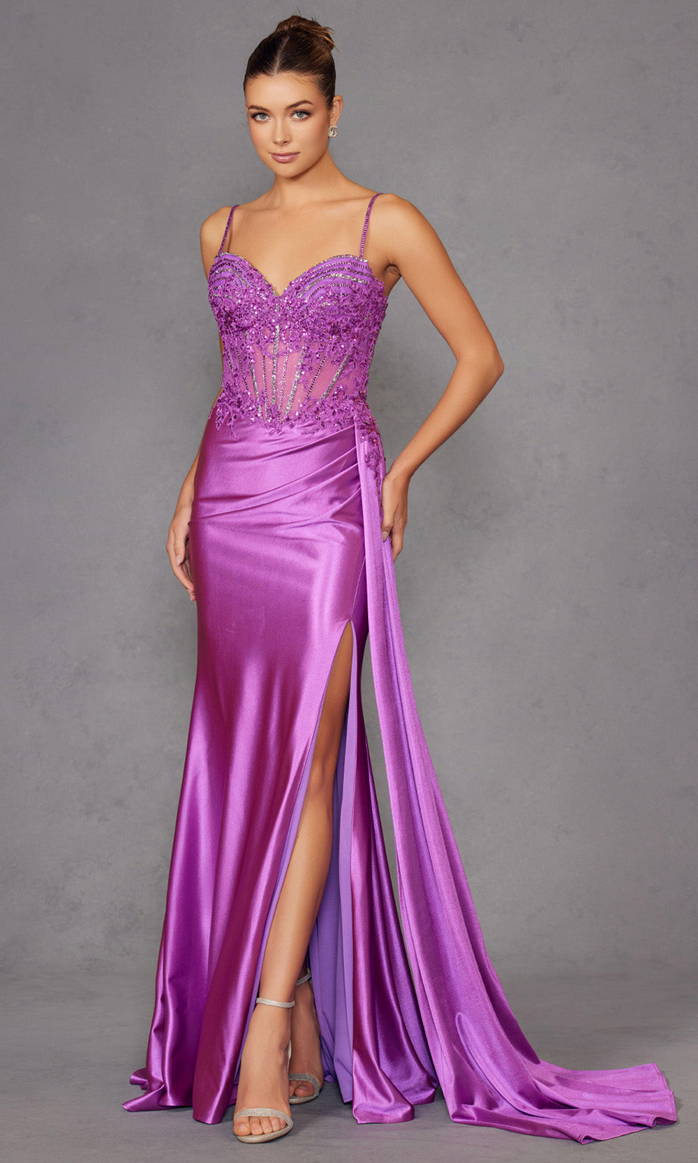 Juliet Dresses JT2535K - Embellished Sheer Corset Gown with Slit Prom Dresses