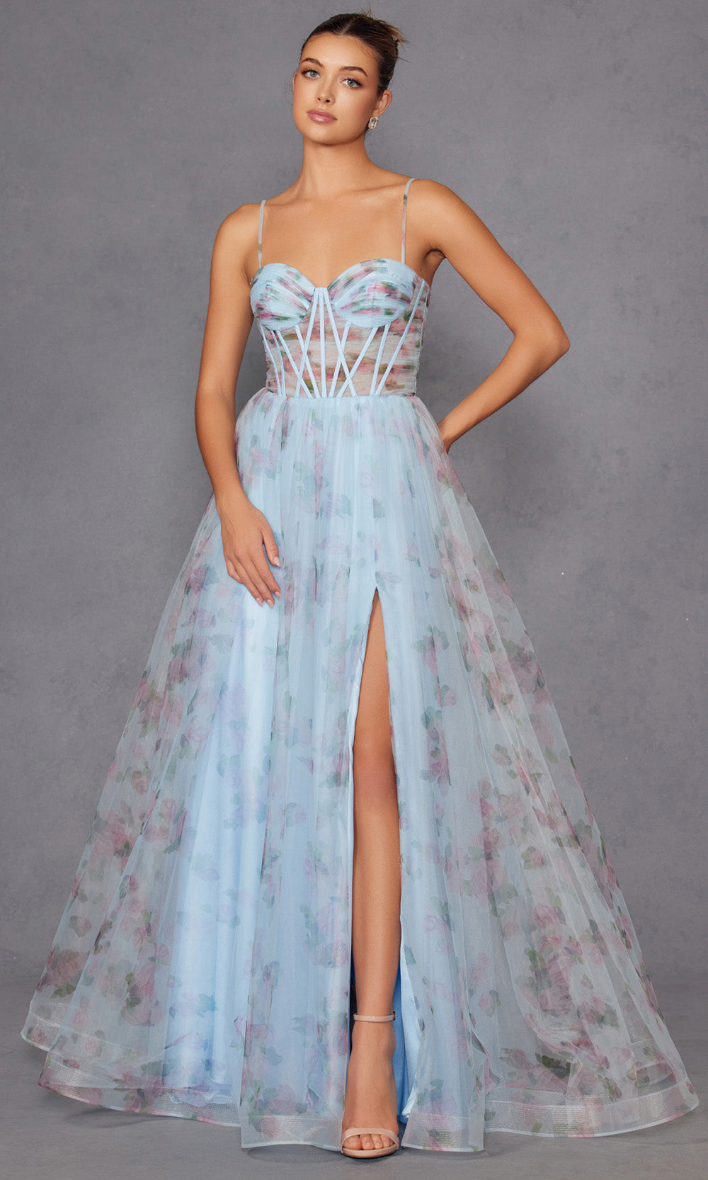 Juliet Dresses JT2562S - Lace-Up Back Floral Print Gown Prom Dresses