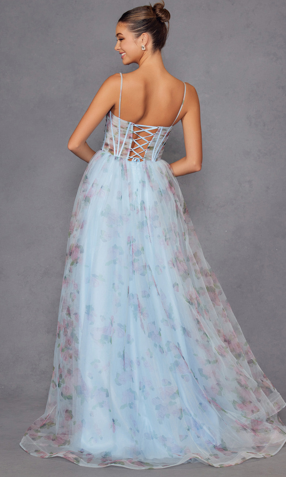 Juliet Dresses JT2562S - Lace-Up Back Floral Print Gown Prom Dresses