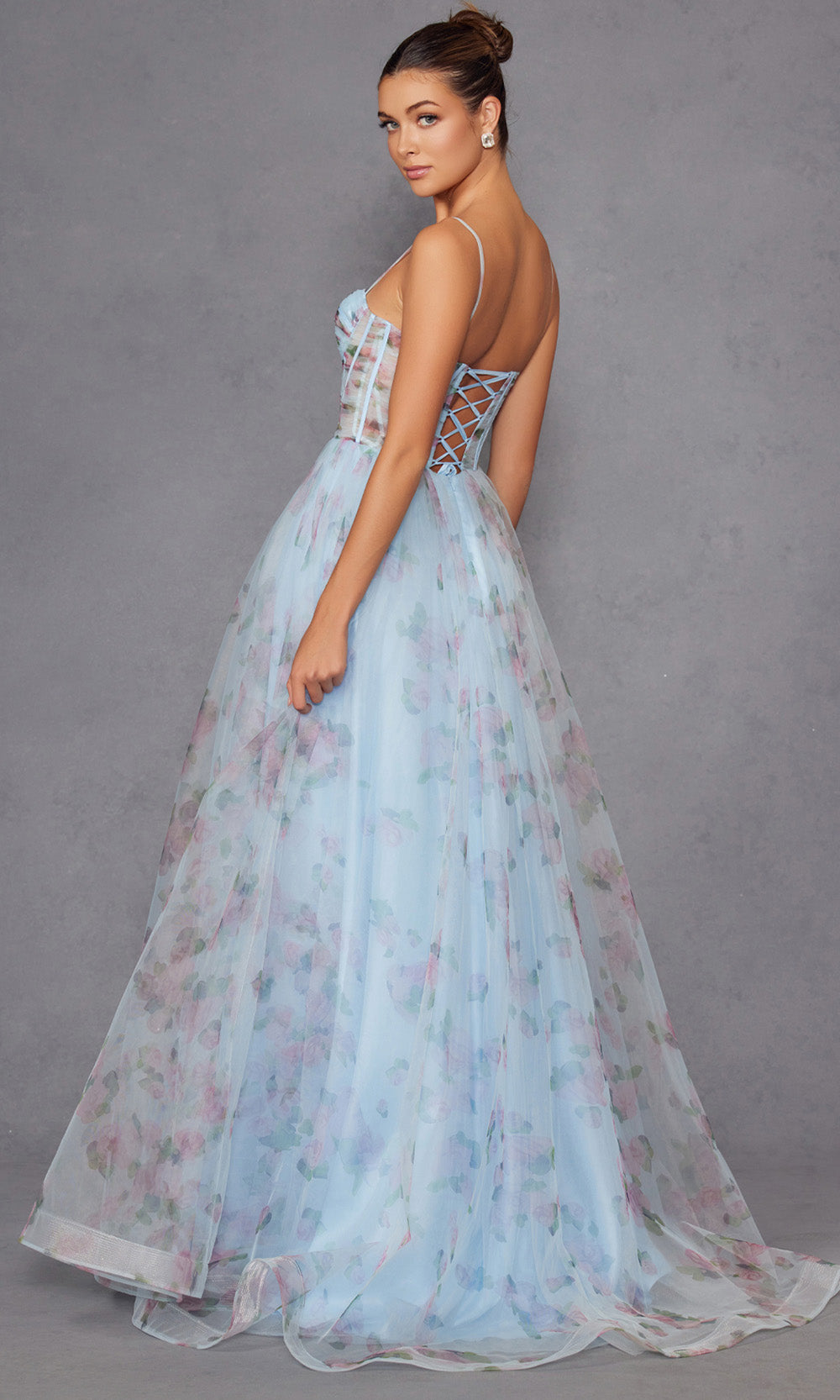 Juliet Dresses JT2562S - Lace-Up Back Floral Print Gown Prom Dresses