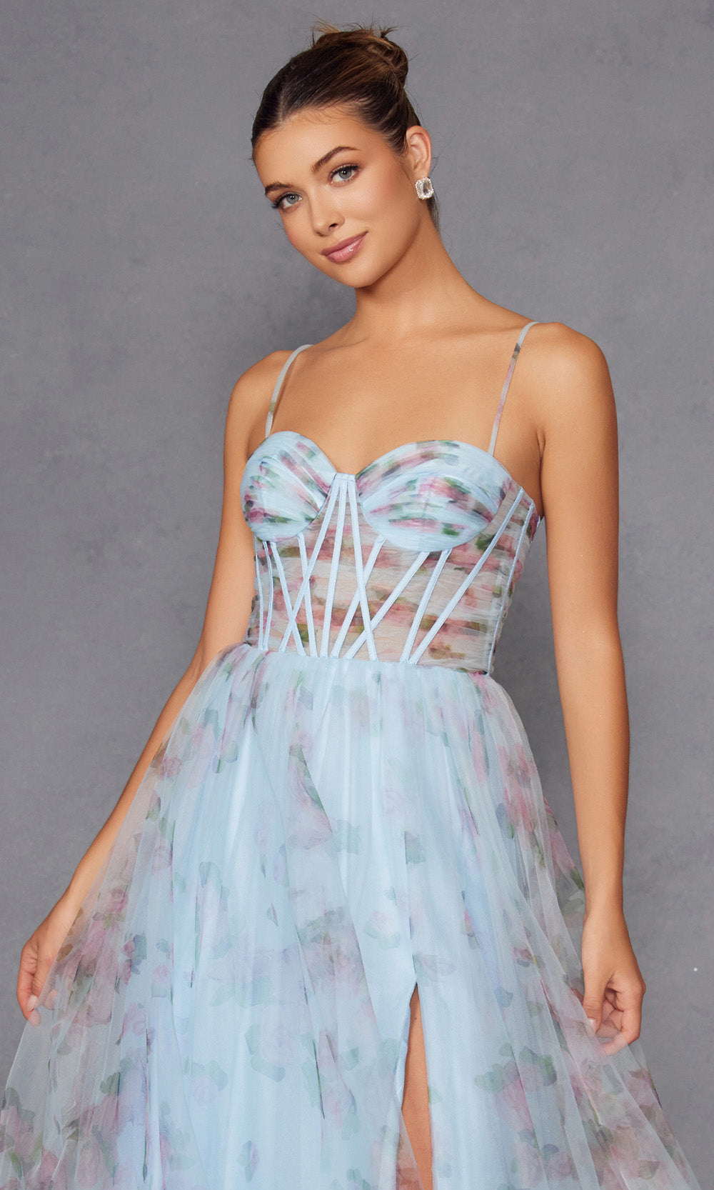 Juliet Dresses JT2562S - Lace-Up Back Floral Print Gown Prom Dresses