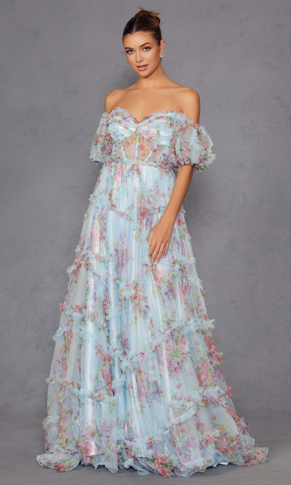 Juliet Dresses JT2887C - Puff Sleeve Ruffle Trim Evening Gown Prom Dresses