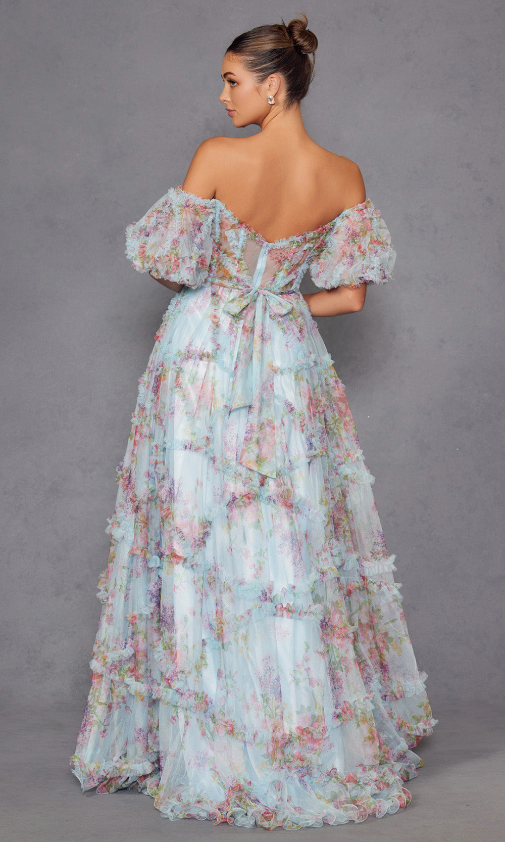 Juliet Dresses JT2887C - Puff Sleeve Ruffle Trim Evening Gown Prom Dresses