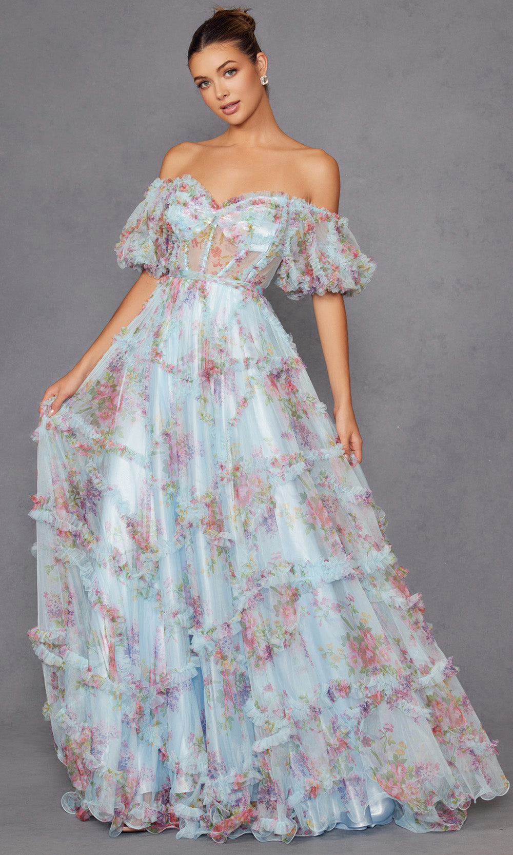 Juliet Dresses JT2887C - Puff Sleeve Ruffle Trim Evening Gown Prom Dresses