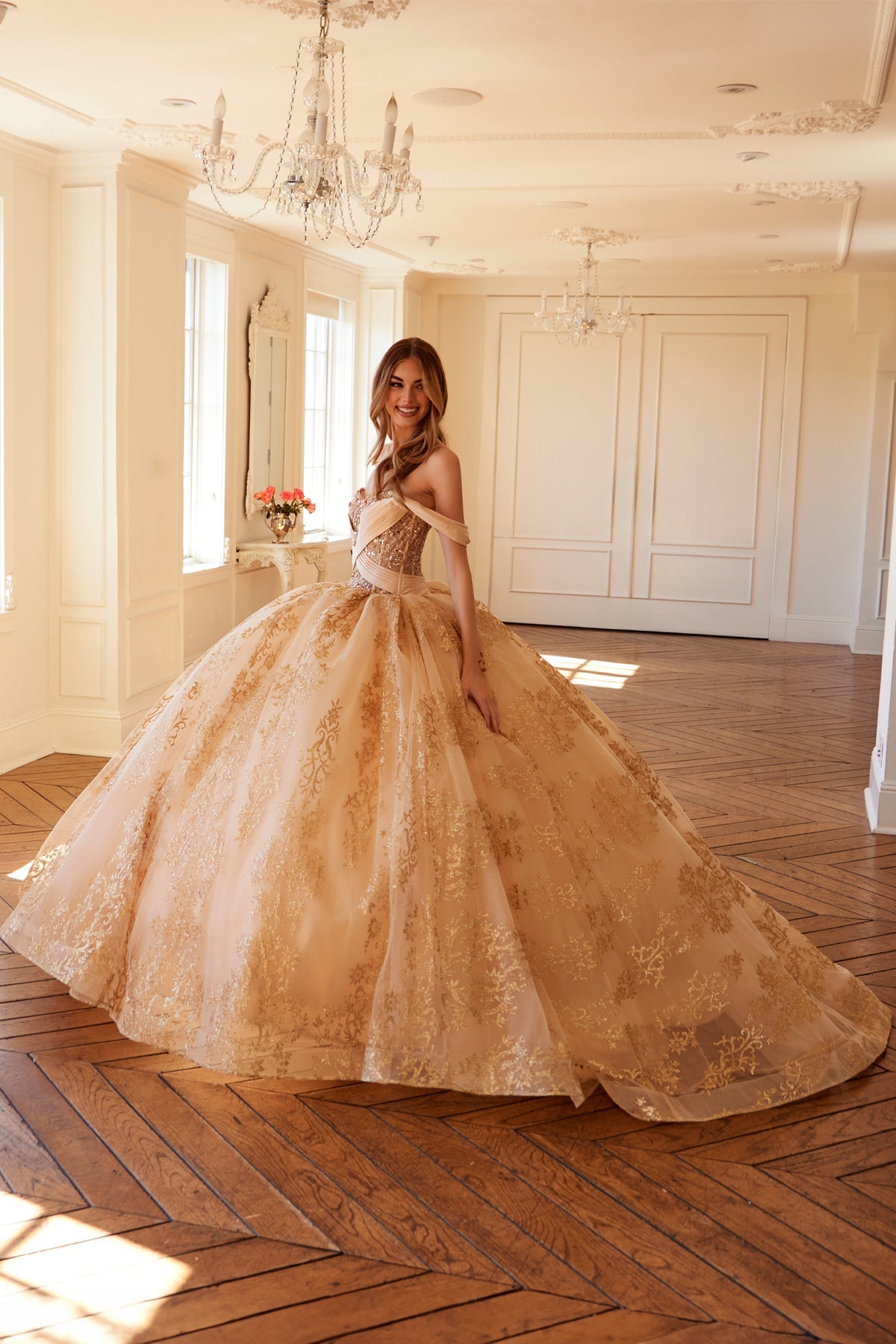Juliet Dresses JT1488H - Crisscross Bodice Sweetheart Ballgown Quinceanera in gold Dresses