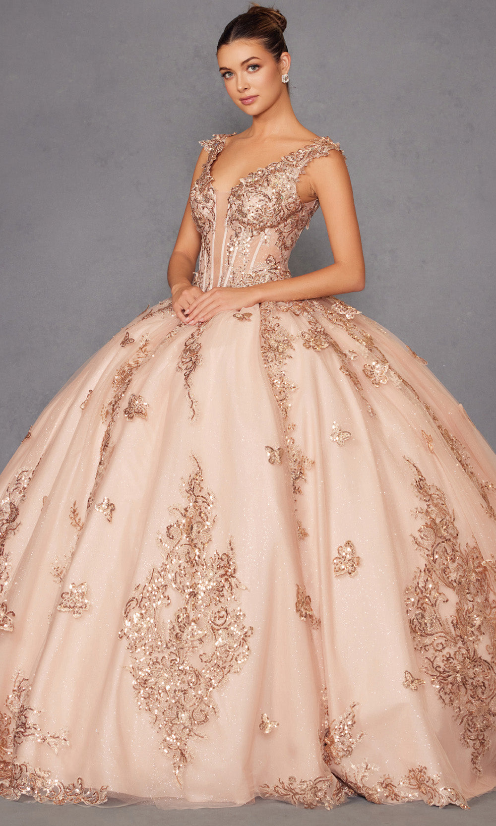 Juliet Dresses JT1485J - Plunging Neck Butterfly Embellished Gown Quinceanera Dresses