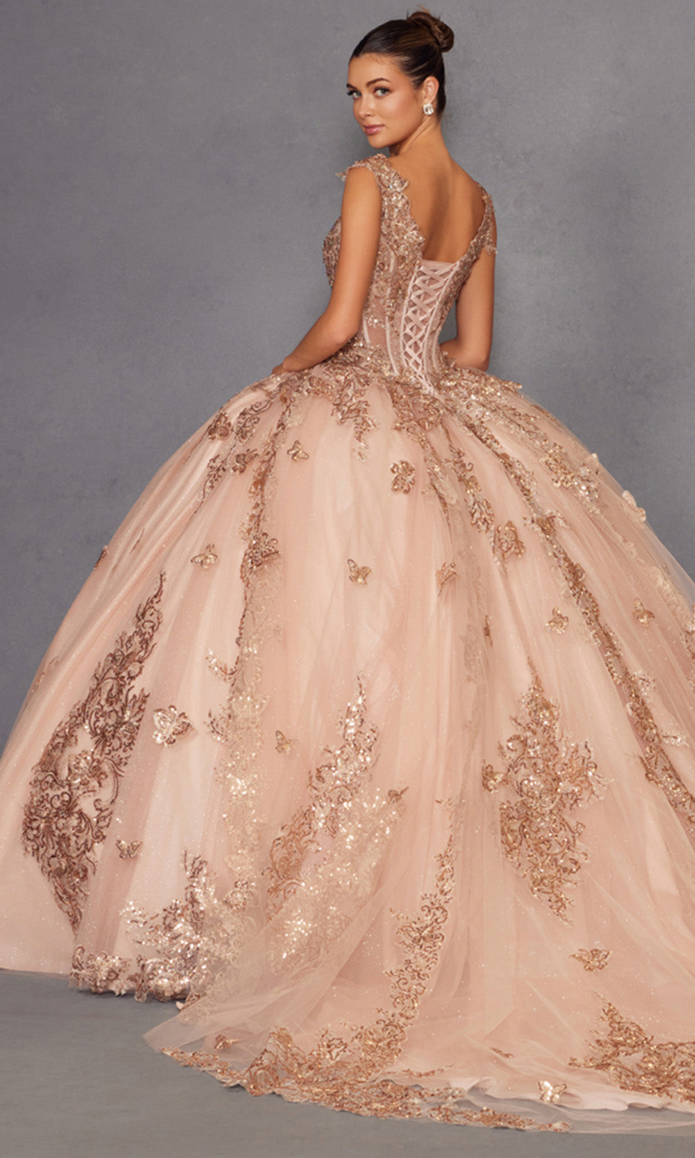 Juliet Dresses JT1485J - Plunging Neck Butterfly Embellished Gown Quinceanera Dresses