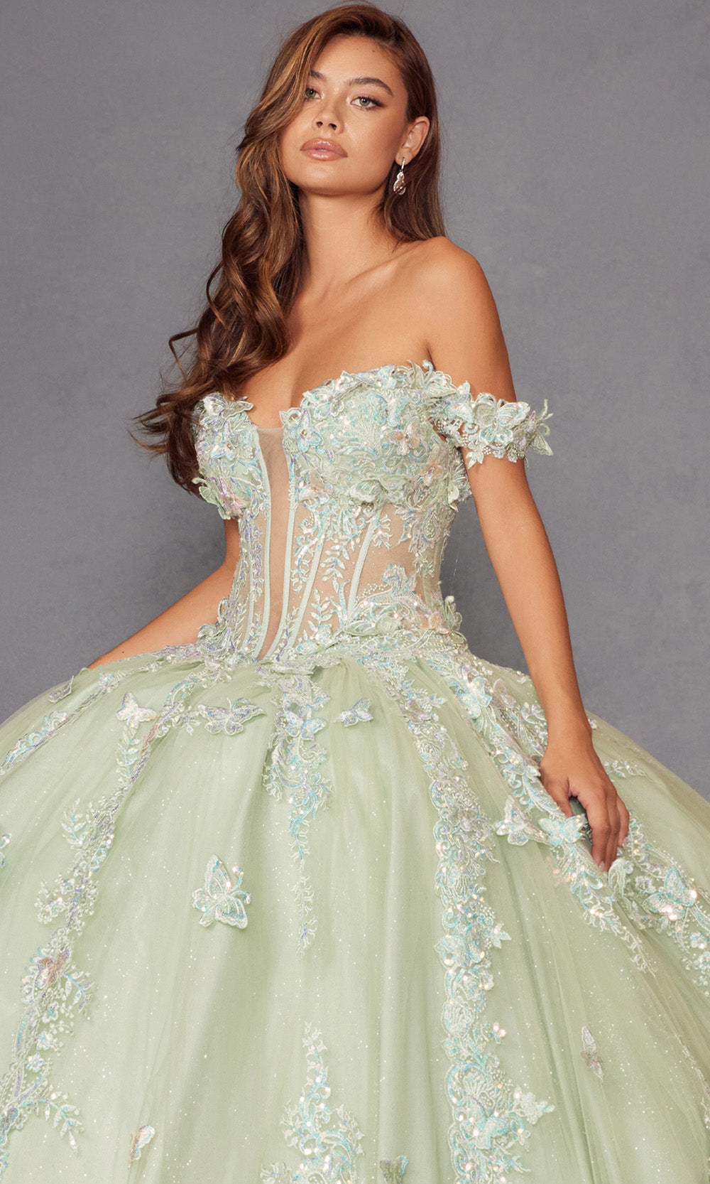 Juliet Dresses JT1485J - Plunging Neck Butterfly Embellished Gown Quinceanera Dresses