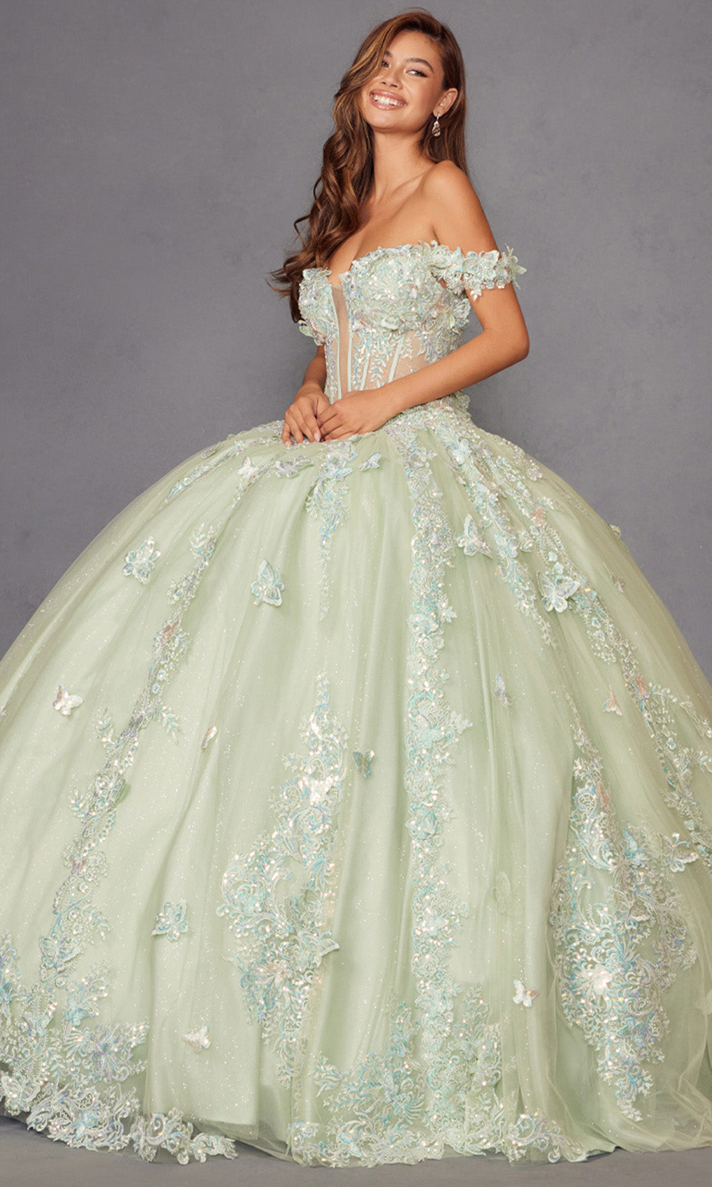 Juliet Dresses JT1485J - Plunging Neck Butterfly Embellished Gown Quinceanera Dresses