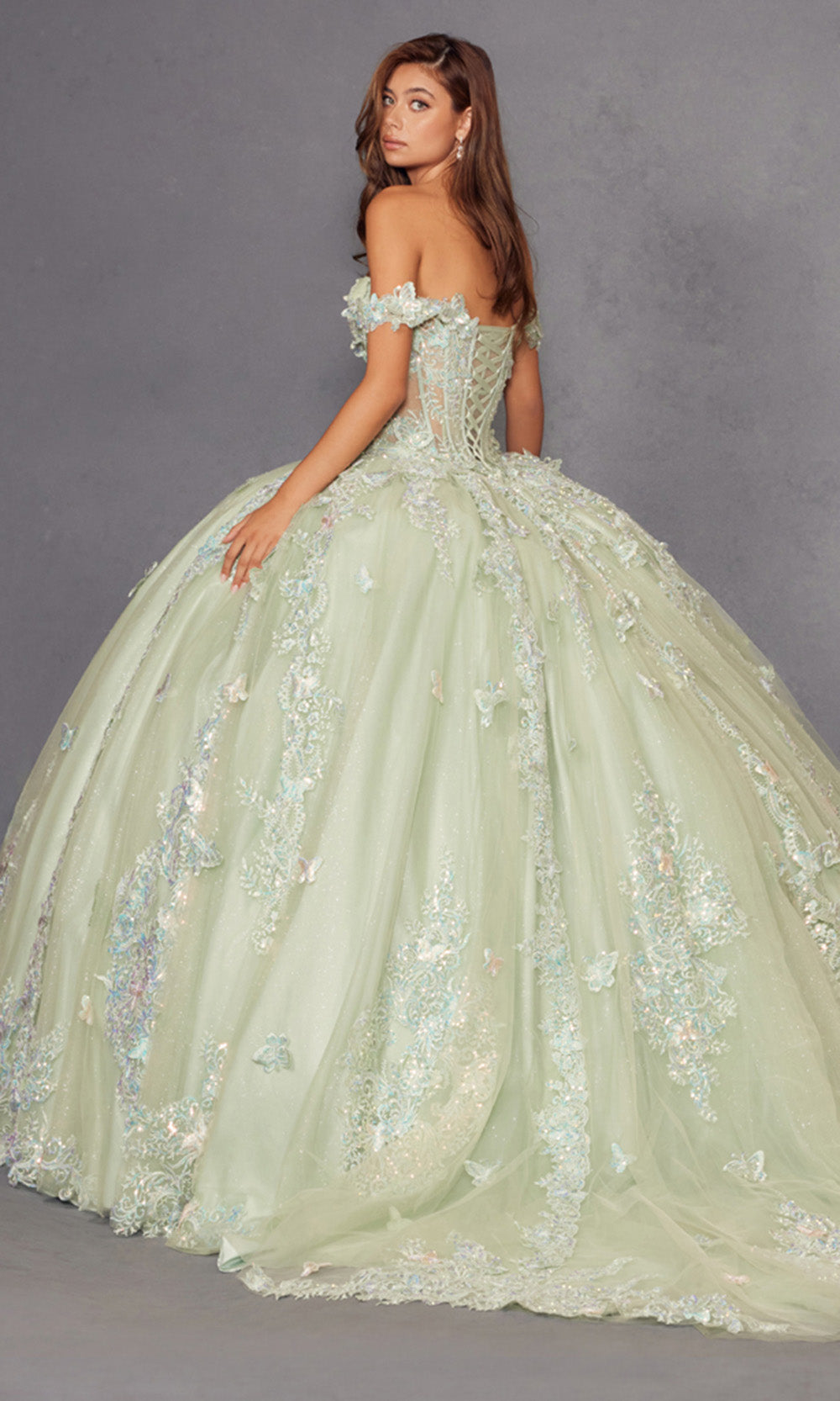 Juliet Dresses JT1485J - Plunging Neck Butterfly Embellished Gown Quinceanera Dresses