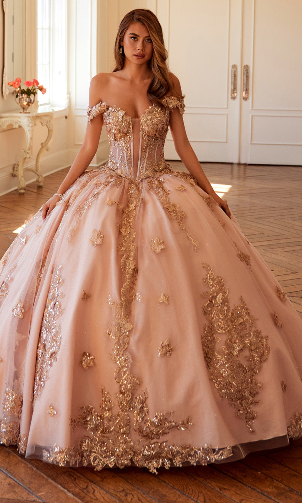 Juliet Dresses JT1485J - Plunging Neck Butterfly Embellished Gown Quinceanera Dresses