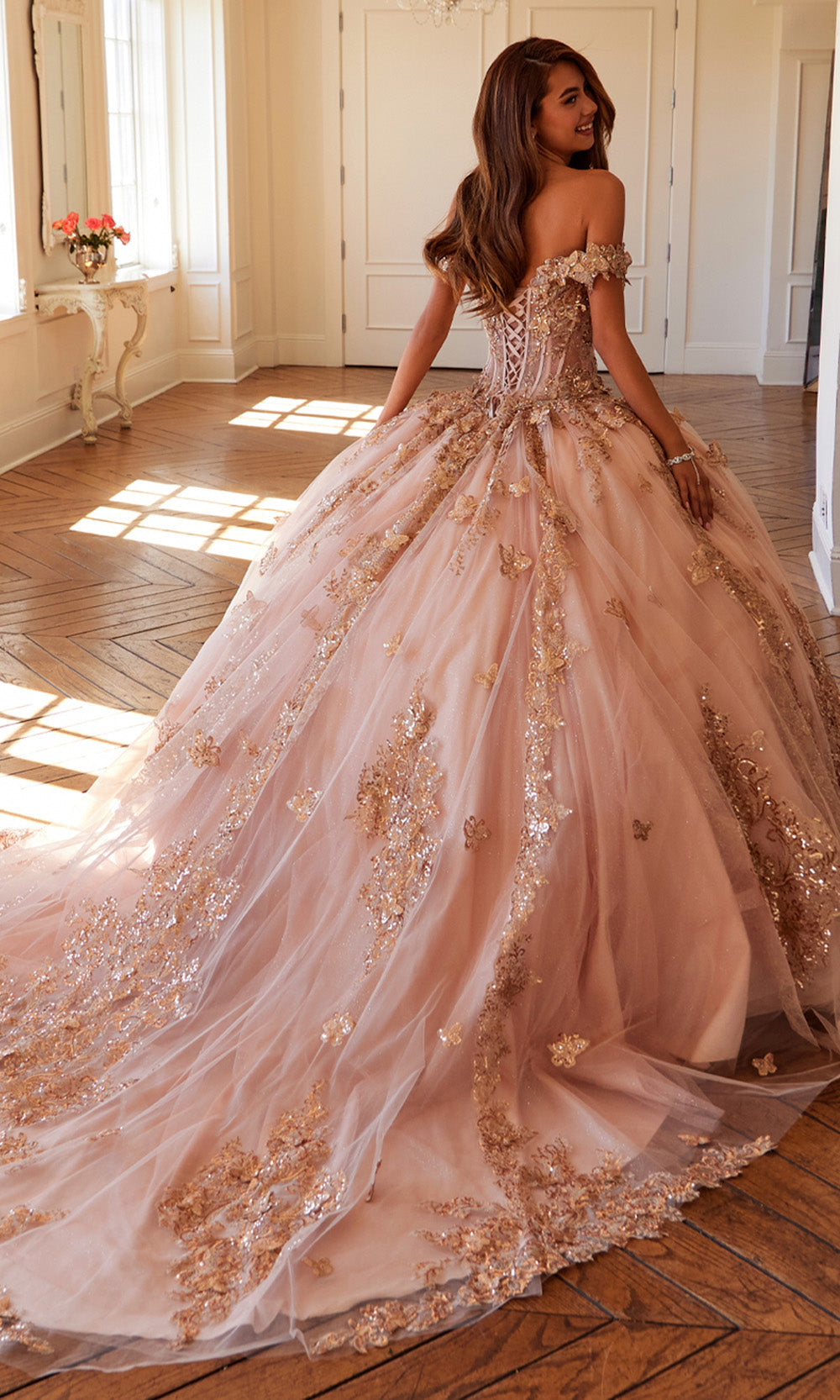 Juliet Dresses JT1485J - Plunging Neck Butterfly Embellished Gown Quinceanera Dresses