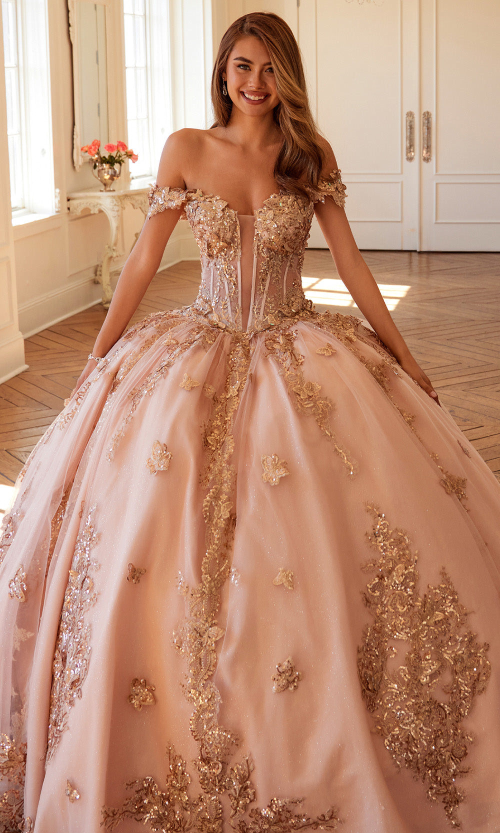 Juliet Dresses JT1485J - Plunging Neck Butterfly Embellished Gown Quinceanera Dresses