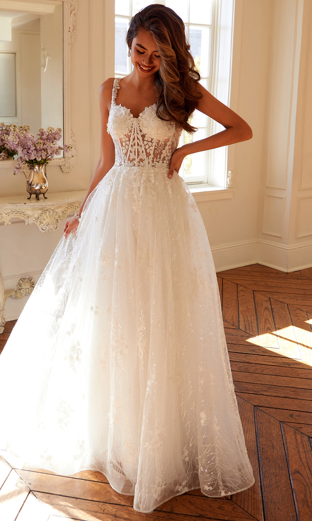 Juliet Dresses JT2495AW - Embroidered Lace-Up Back Ballgown Wedding Dresses