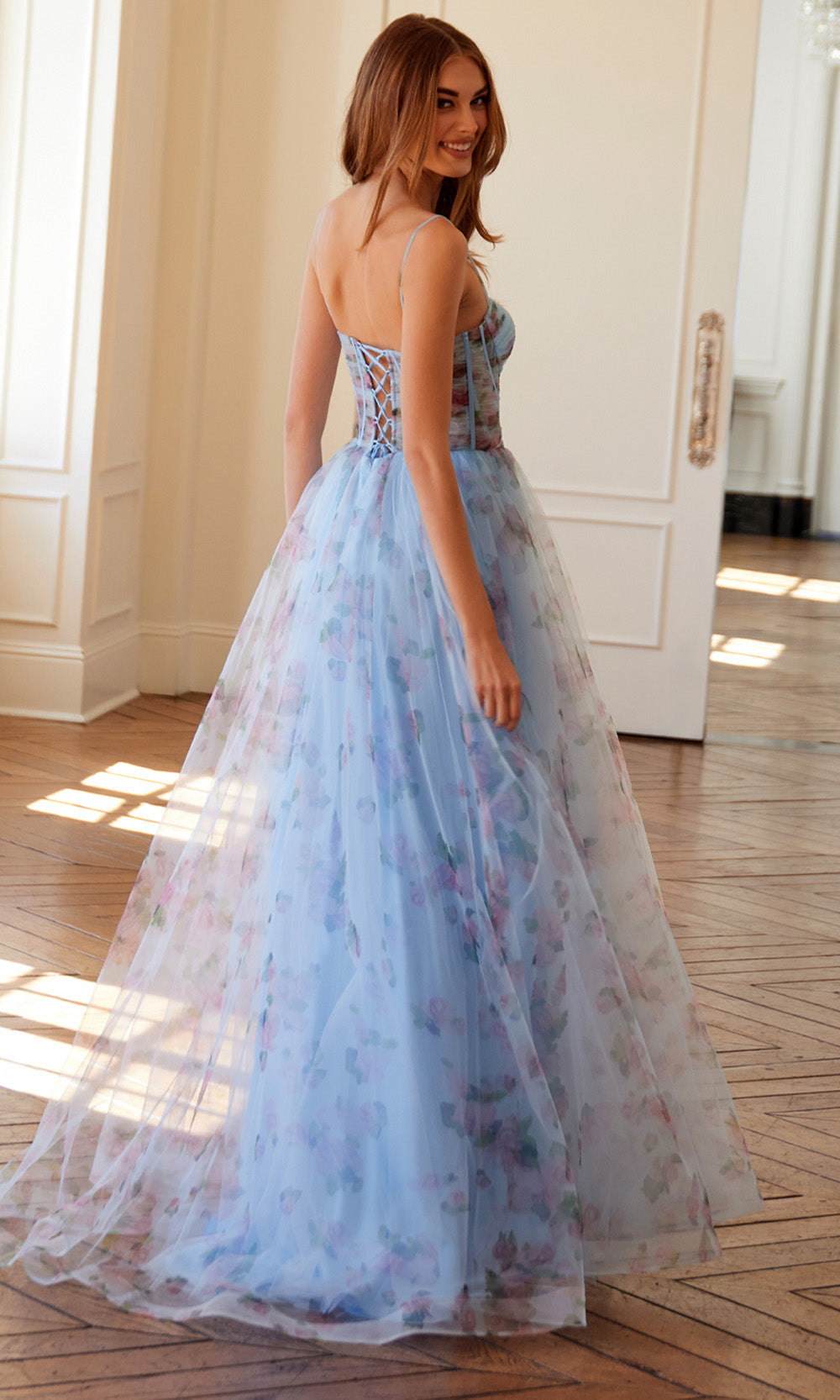 Juliet Dresses JT2562S - Lace-Up Back Floral Print Gown Prom Dresses