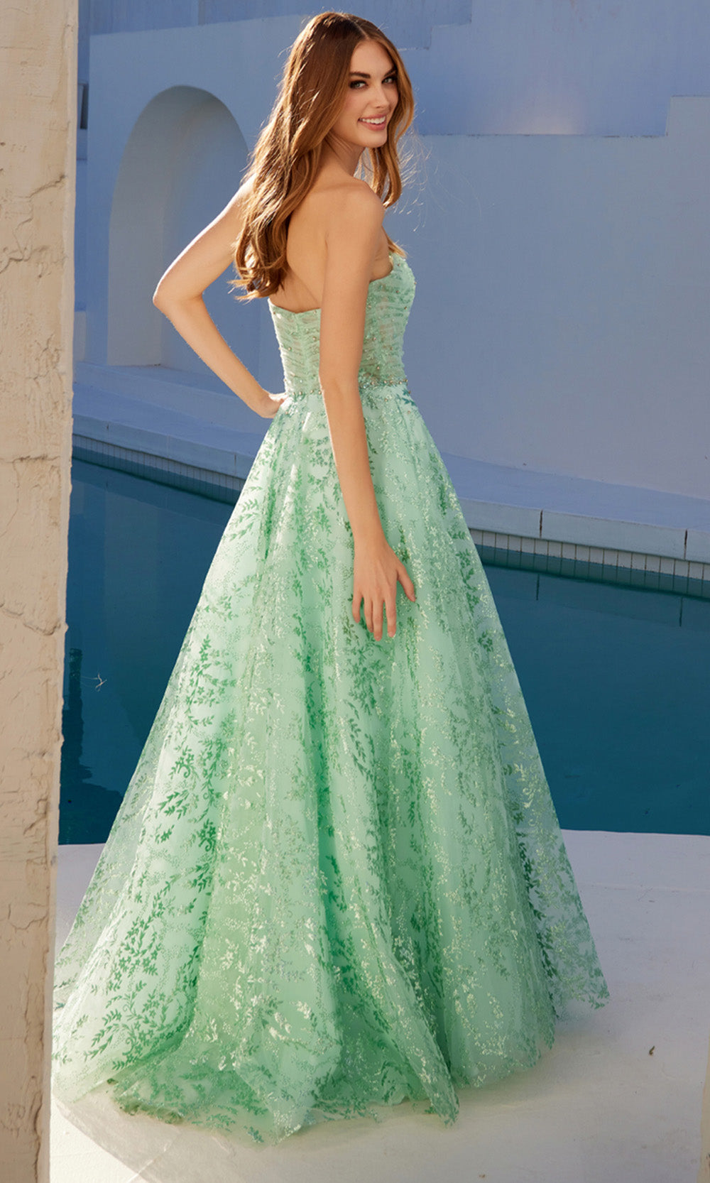 Juliet Dresses JT2547S - Long Tulle A-line Dress - Strapless, Illusion Corset Bodice, Floral Glitter Pattern, Beaded, Mid-Open Back, Sweep Train ADASA Juliet Dresses JT2547S - Long Tulle A-line Dress - Strapless, Illusion Corset Bodice, Floral Glitter Pattern, Beaded, Mid-Open Back, Sweep Train ADASA