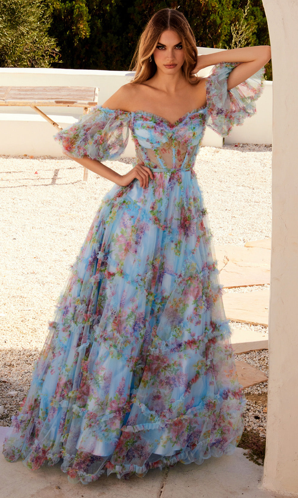Juliet Dresses JT2887C - Puff Sleeve Ruffle Trim Evening Gown Prom Dresses
