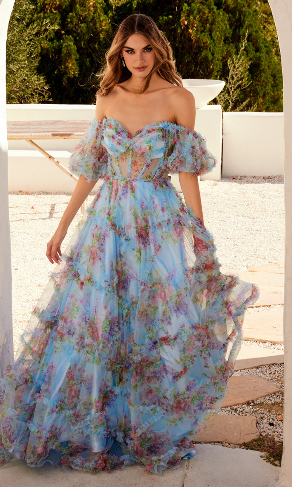 Juliet Dresses JT2887C - Puff Sleeve Ruffle Trim Evening Gown Prom Dresses