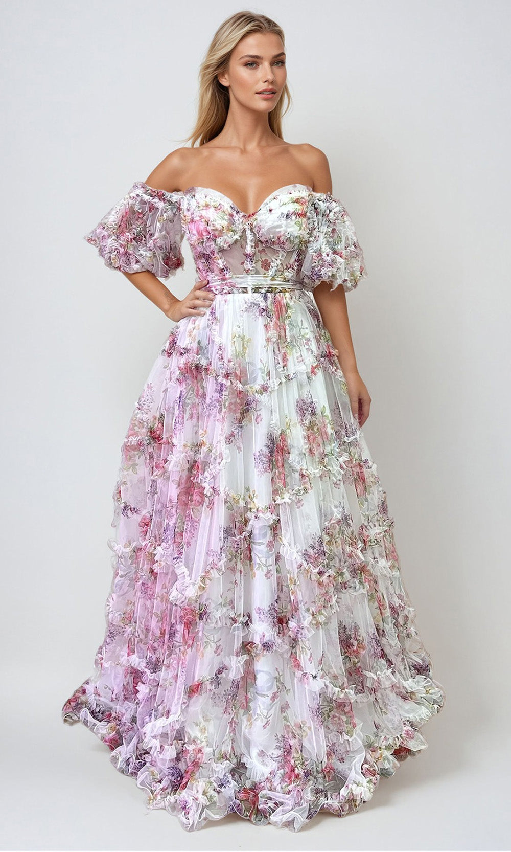 Juliet Dresses JT2887C - Puff Sleeve Ruffle Trim Evening Gown Prom Dresses
