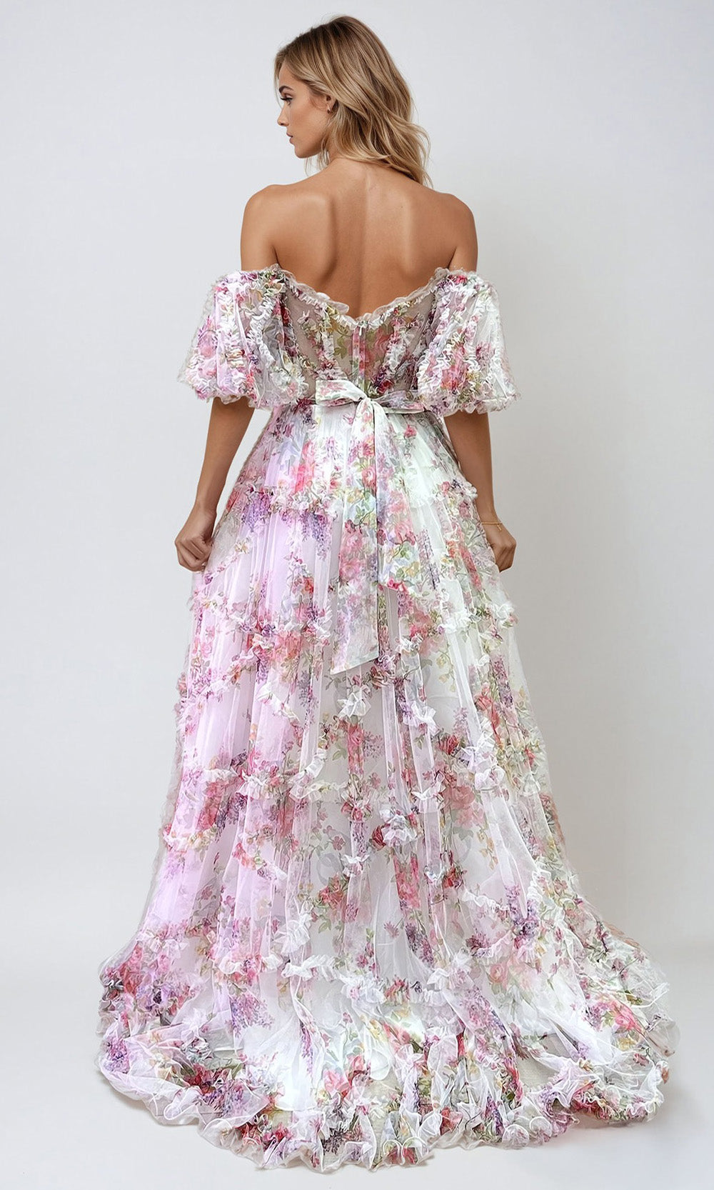 Juliet Dresses JT2887C - Puff Sleeve Ruffle Trim Evening Gown Prom Dresses