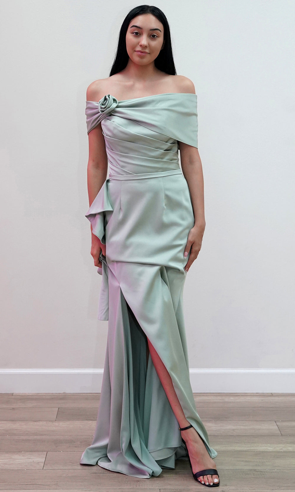 Juliet Dresses JT2716C - Off Shoulder Rose Accent Evening Dress Prom Dresses in Olive Green