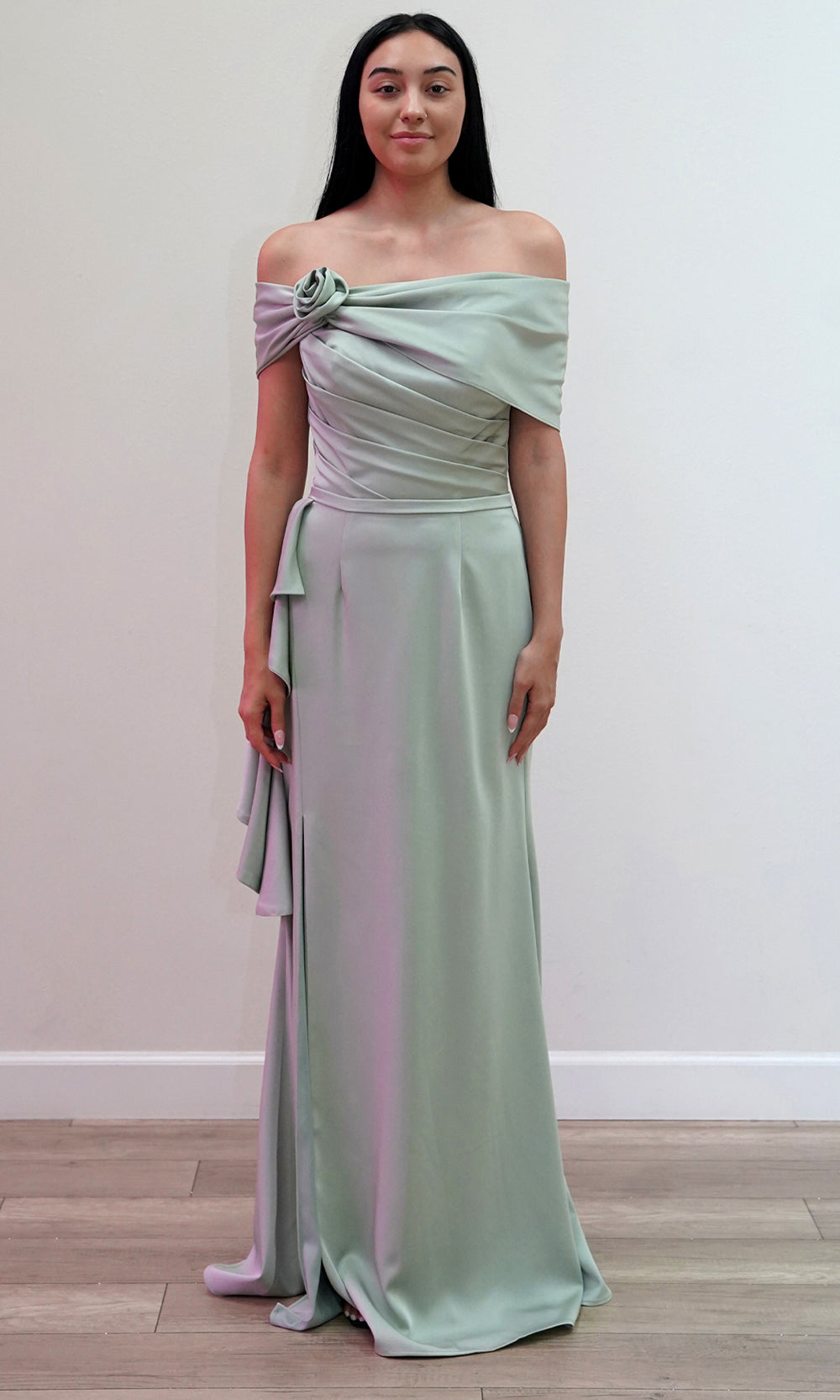 Juliet Dresses JT2716C - Off Shoulder Rose Accent Evening Dress Prom Dresses in Olive Green