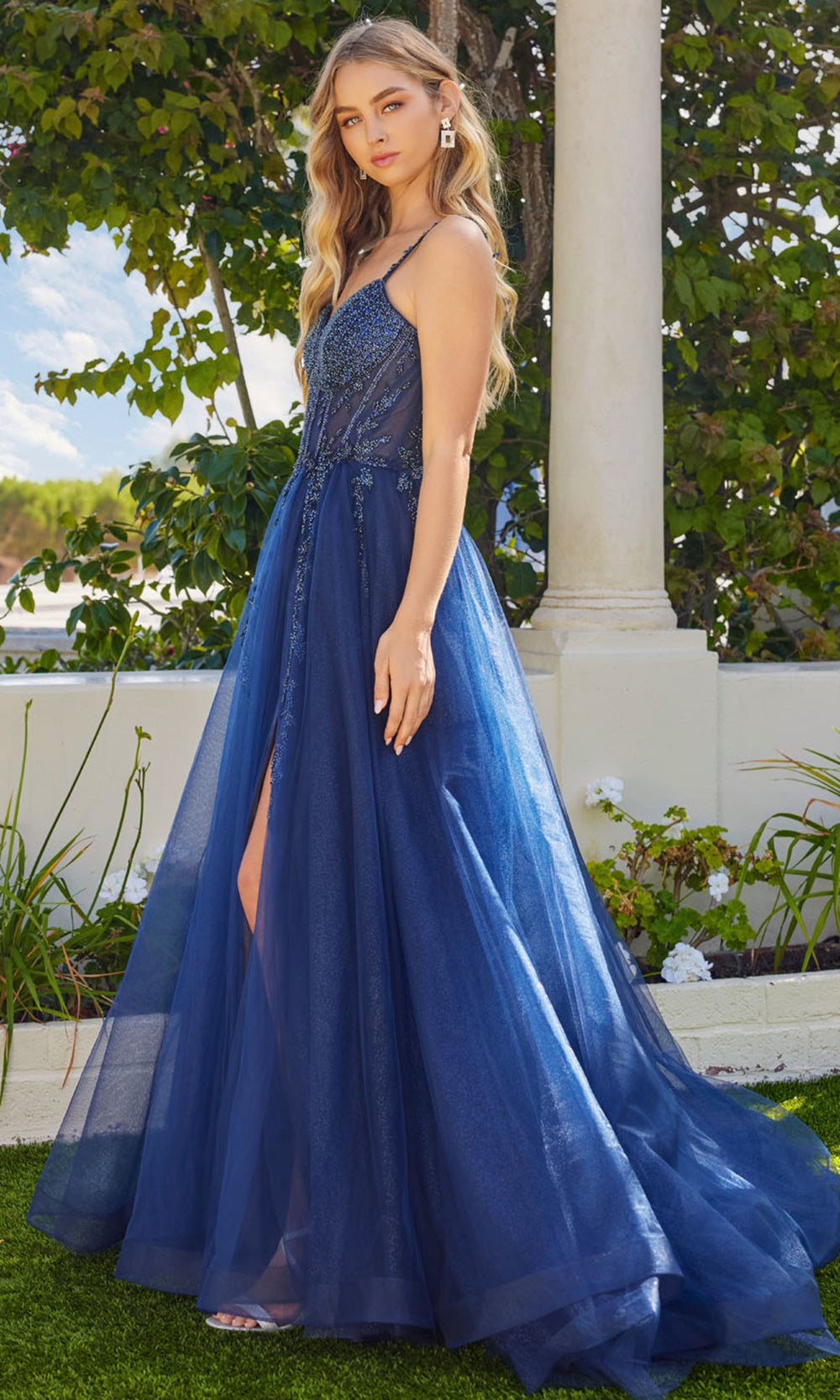 Juliet Dresses JT2632L - Embellished Sheer Overskirt Evening Dress Prom Dresses in Navy Blue