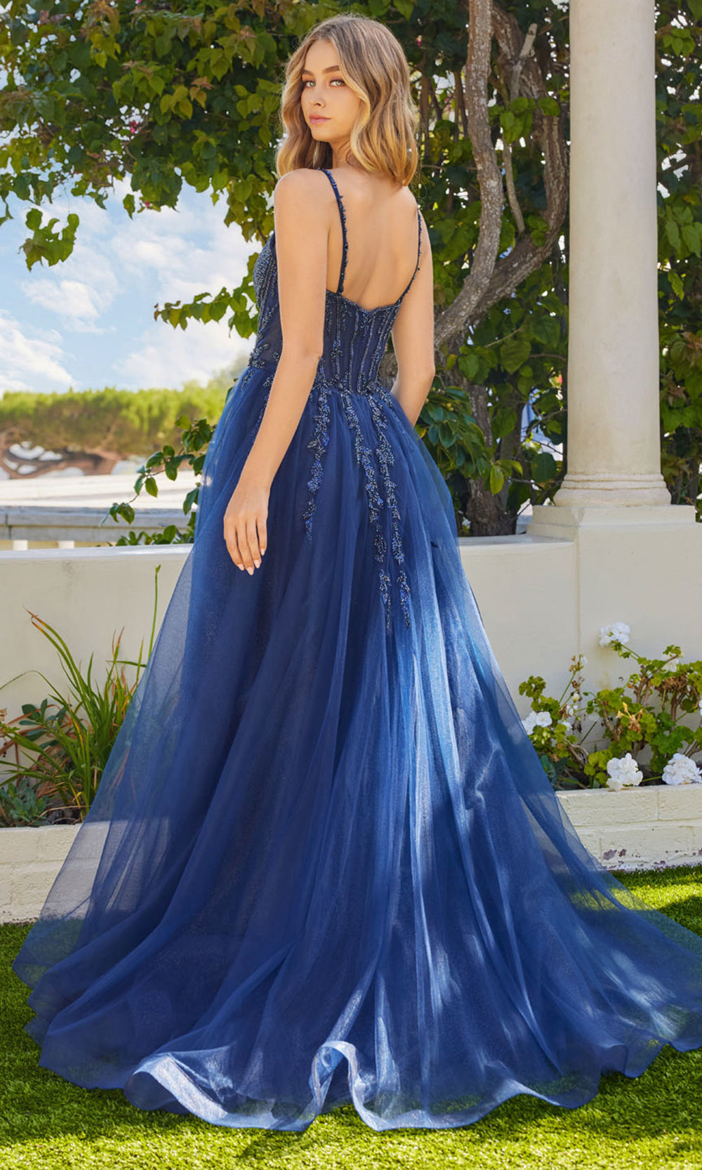 Juliet Dresses JT2632L - Embellished Sheer Overskirt Evening Dress Prom Dresses in Navy Blue