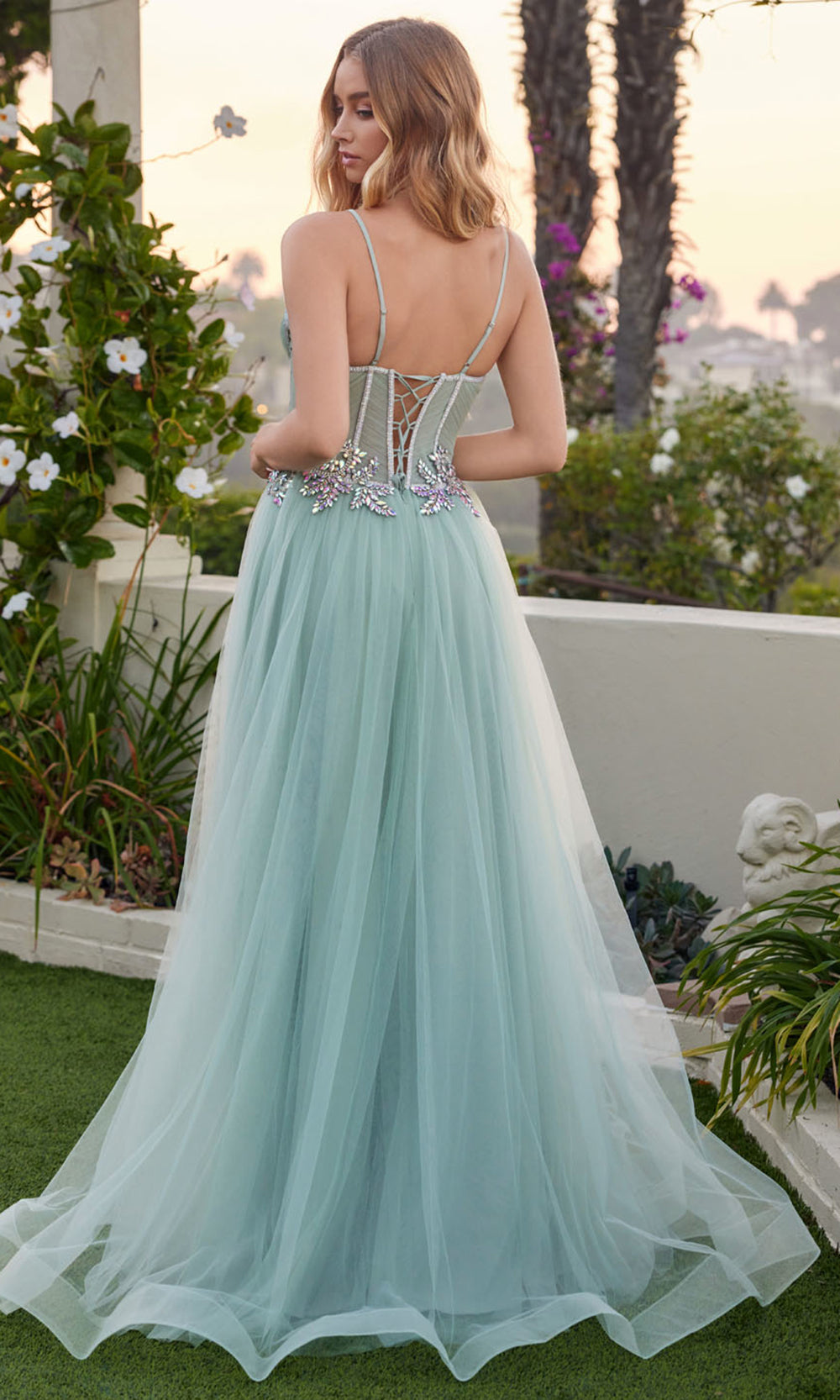 Juliet Dresses JT2638G - Sheer Floral Corset Evening Dress Prom Dresses in Sage Green